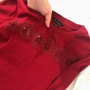 Massimo Dutti Red Lace-Trimmed Cutout Long-Sleeve Top